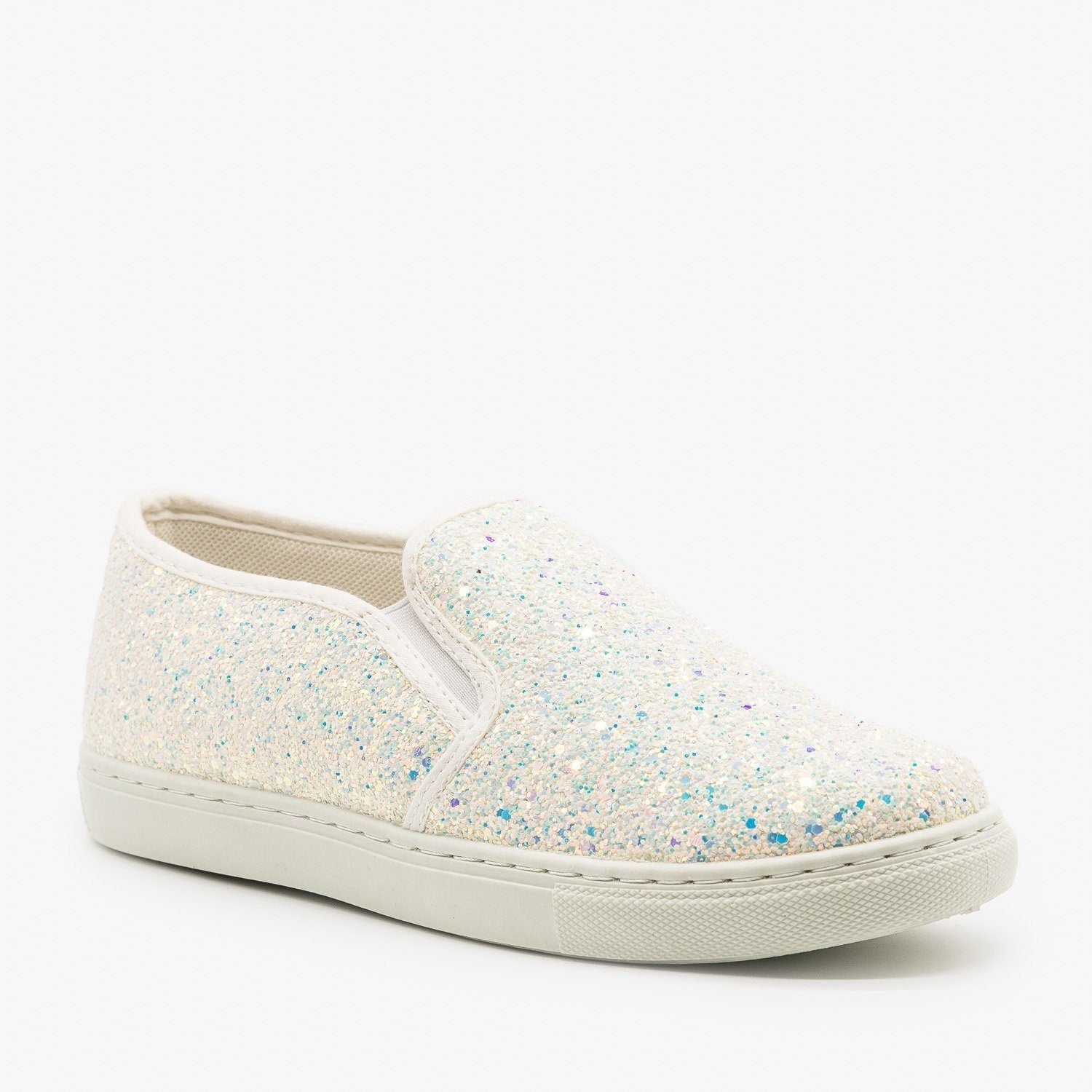 white glitter slip on shoes