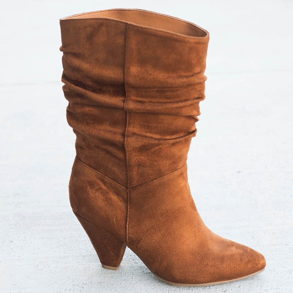 slouch mid calf heeled boot