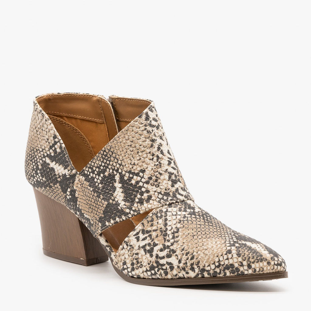 Snake Print Triangle Cut Out Ankle Booties - Qupid Shoes Nava-38A ...