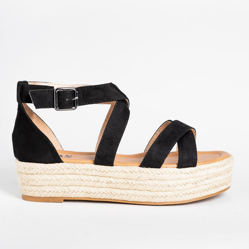 Strappy Criss Cross Espadrille Flatforms - AMS Shoes Hannah-01 | Shoetopia