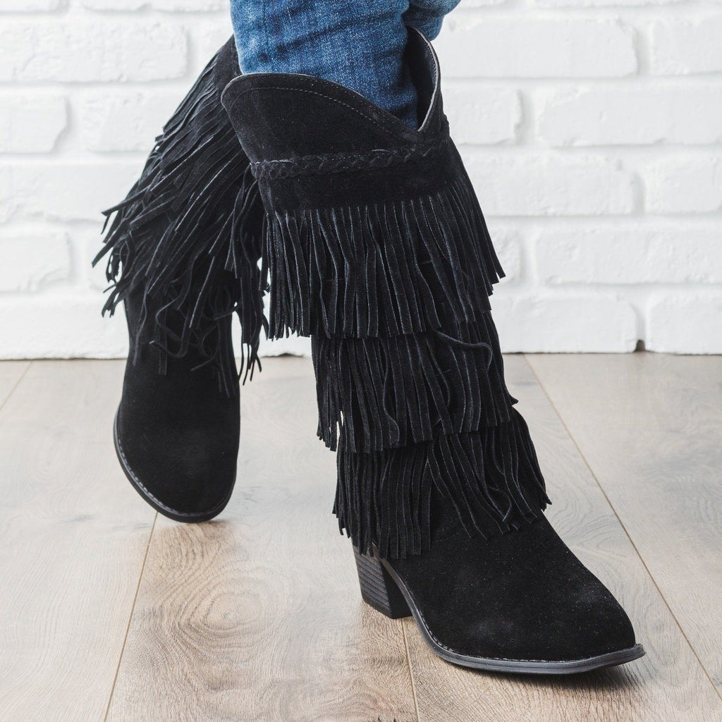womens black fringe boots