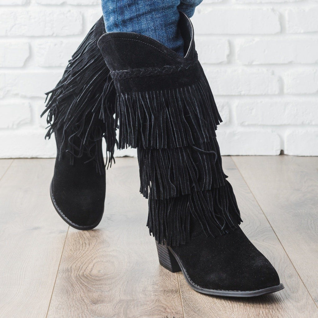 womens black fringe booties