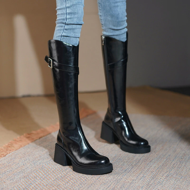 Leather Knee High Boots Color Black Size 8.5 for Women