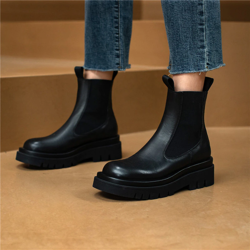 Elastic Band Leather Boots Color Black Size 8 for Women
