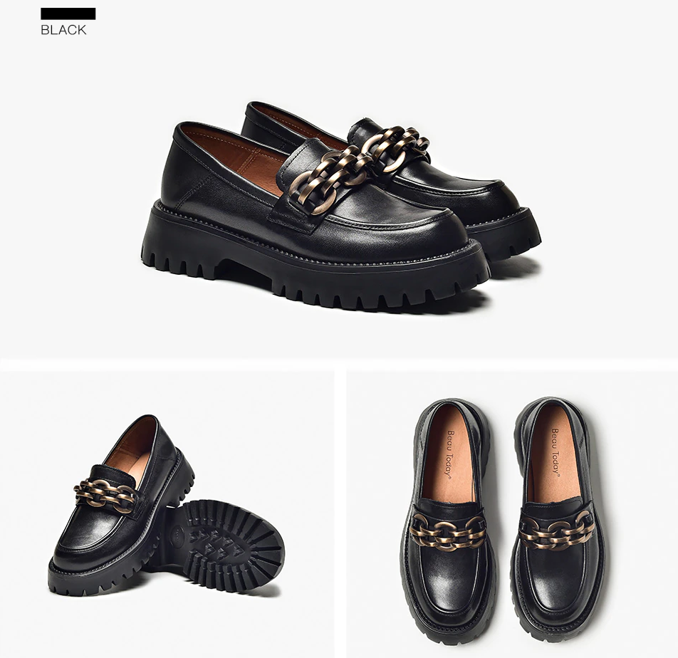 platform leather loafer shoes color black size 6 for women