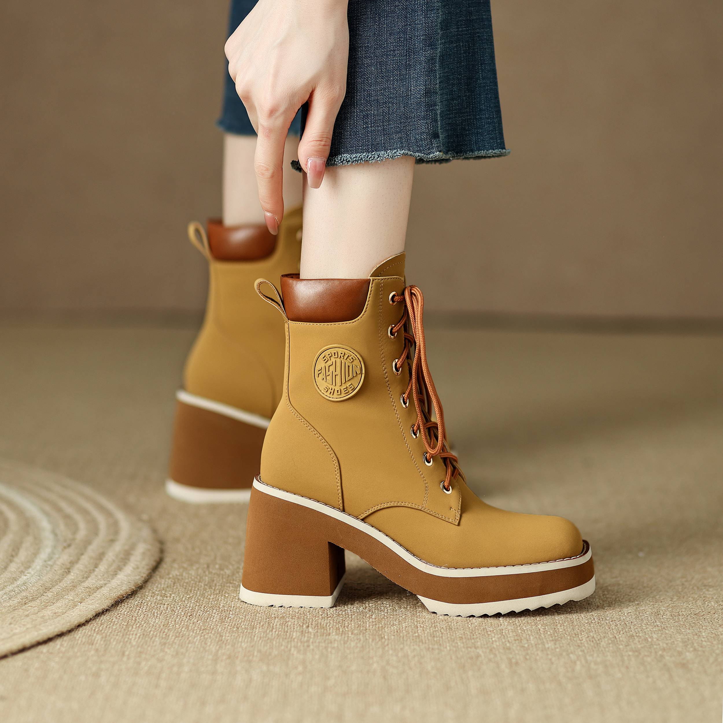 Platform Autumn Boots Color Yellow Size 6 for Women