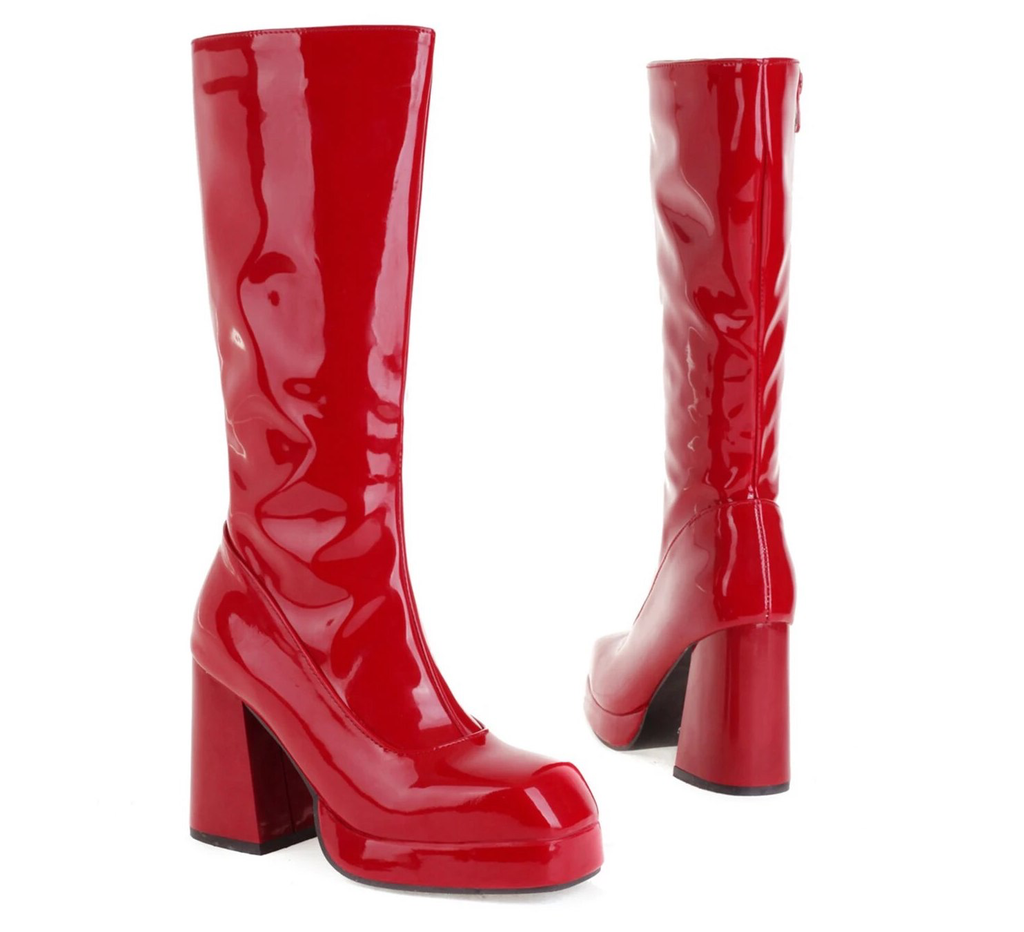 Square Heel Platform Boots Color Red Size 5.5 for Women