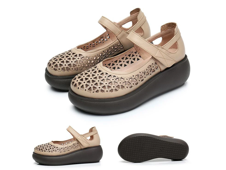 leather sandals color apricot size 5 for women