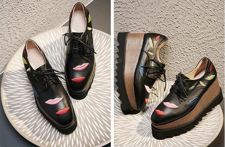 leather platform shoes color black size 6 for women