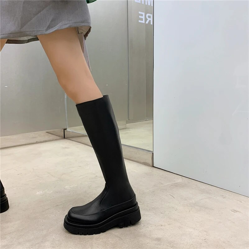 long leather boots color black size 5 for women