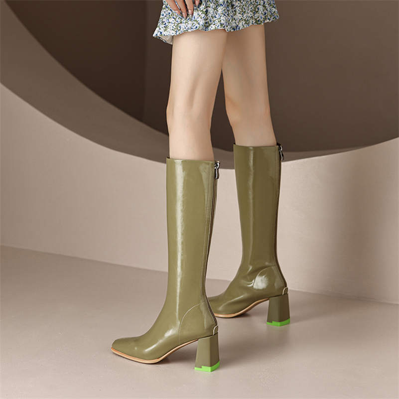 genuine leather knee high boots color green size 4.5 for women