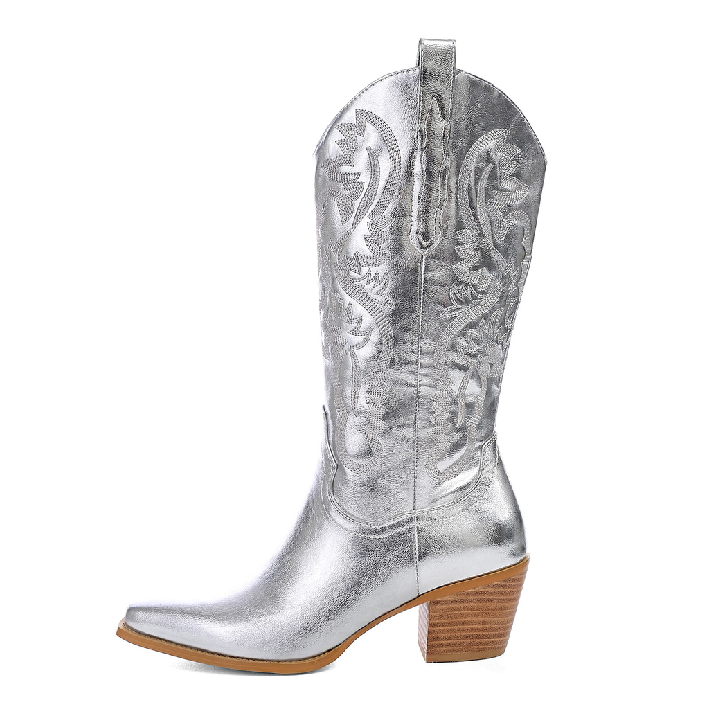 knee high cowboy boots color silver size 8.5 for women