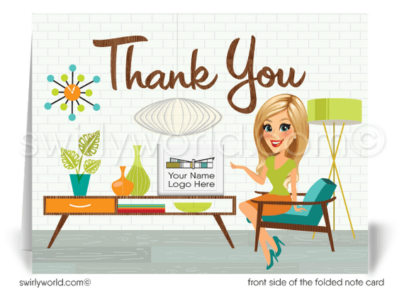 Retro Mid-Century Modern Home Thank You Note Cards for Realtors, Architects, Designers. Retro Mid-Century Modern Home Interior Thank You Note Cards for Realtors