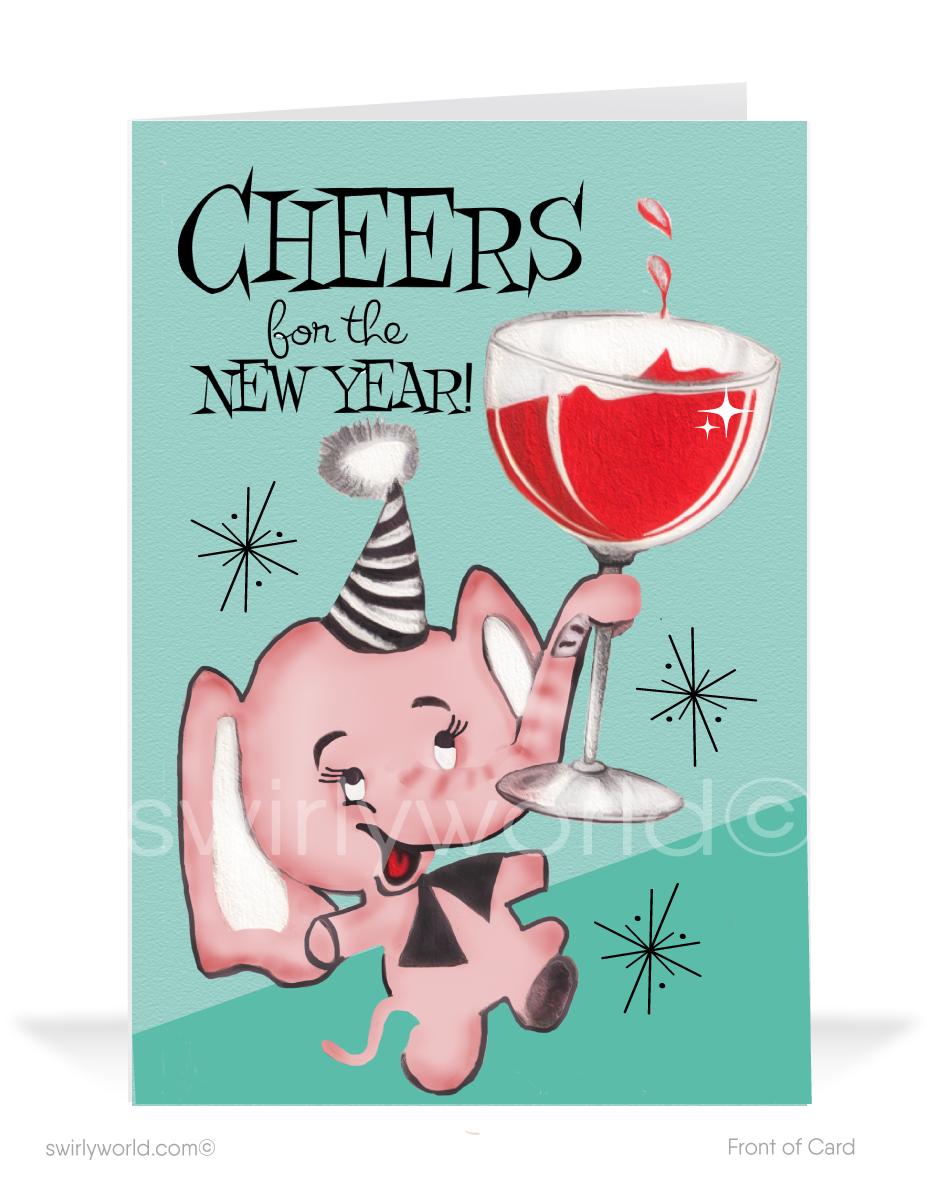 1950 S Atomic Retro Mid Century Modern Cheers Happy New Year Cards Swirly World Design