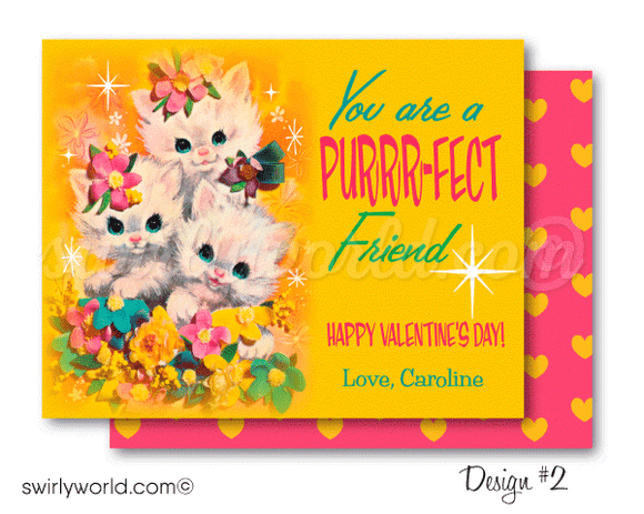 DIGITAL 1950s mid-century modern Valentine's Day cards for school classroom. 1960s retro mod vintage Valentine's day cards. Vintage retro mod kitschy kittens and bunny 