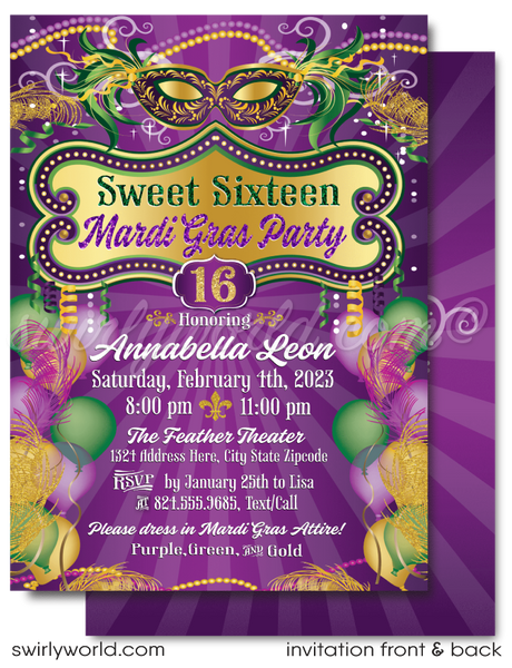 Sweet Sixteen 16 Mardi Gras New Orleans Masquerade Birthday Party Invi