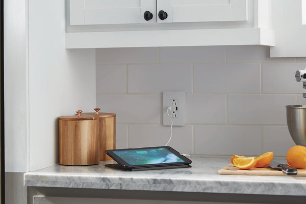 GFCI and USB Charging Outlet Combo Installed in Kitchen Backsplash