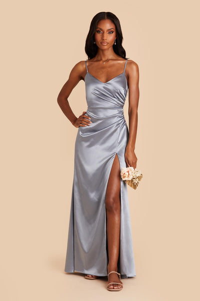 Fitted Stretch Satin Gathered Waistband Dusty-Blue Evening Gown Brides –  Sparkly Gowns