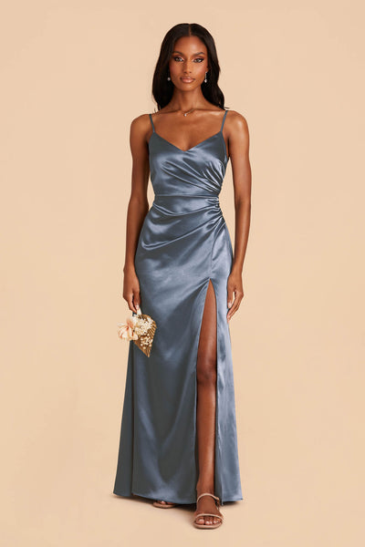 Blue Satin Long Princess Dress, Cute Short Sleeve Ball Gown Sweet 16 D