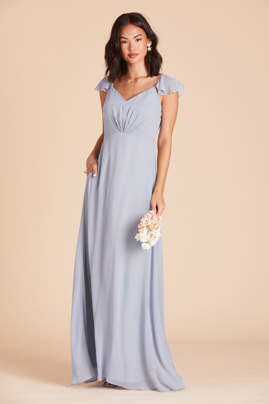 Kae bridesmaids dress in dusty blue chiffon by Birdy Grey, front view with hand in pocket