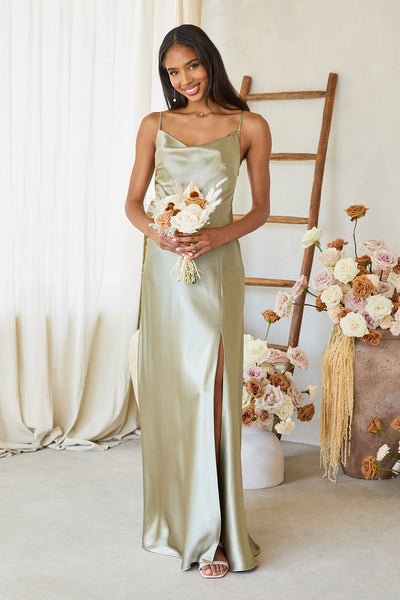 Lisa Long Satin Bridesmaid Dress in Moss Green | Birdy Grey