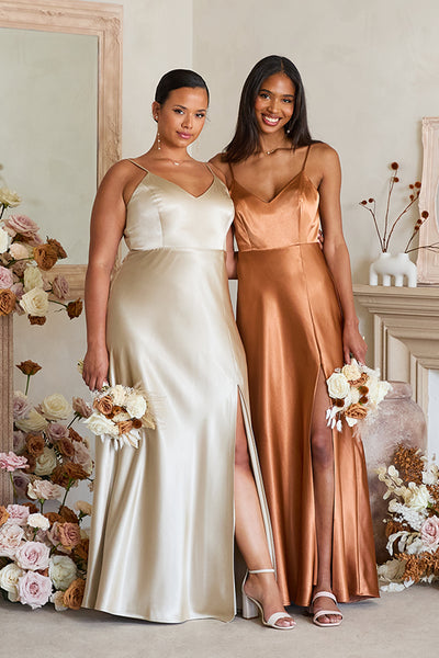 Rust Color Satin Bridesmaid Dress, Slip Dress, Wedding Dress, Bridesmaid  Dresses, Wedding Dresses, Long Dress, Spaghetti Dress, Halter Neck 