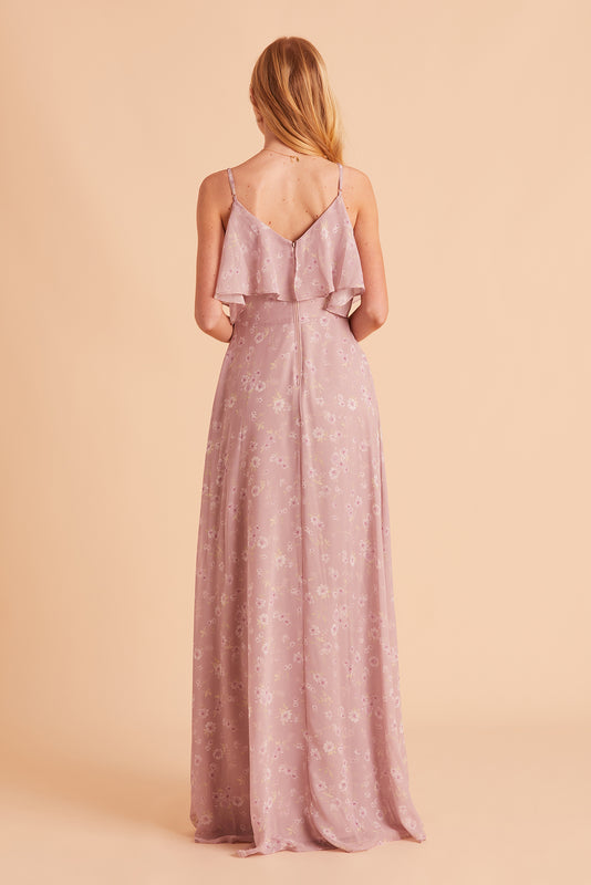 Jane convertible bridesmaid dress with slit in Mauve floret floral print chiffon by Birdy Grey, back view
