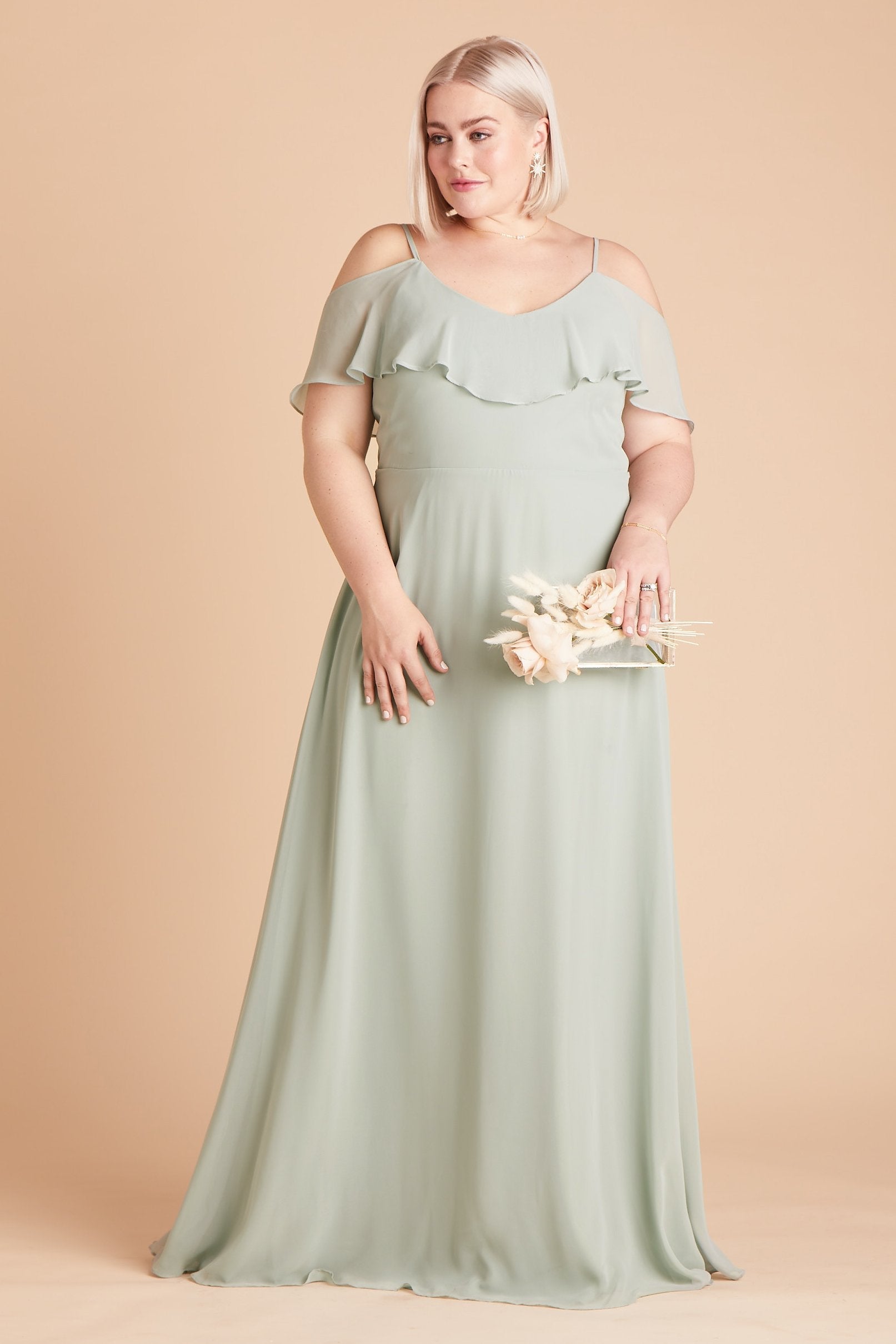 Jane convertible plus size bridesmaid dress in sage green chiffon by Birdy Grey, front view