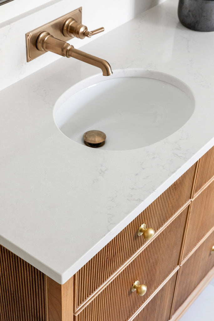 Neutral Bathroom with Wooden Cabinetry and Brass Handles