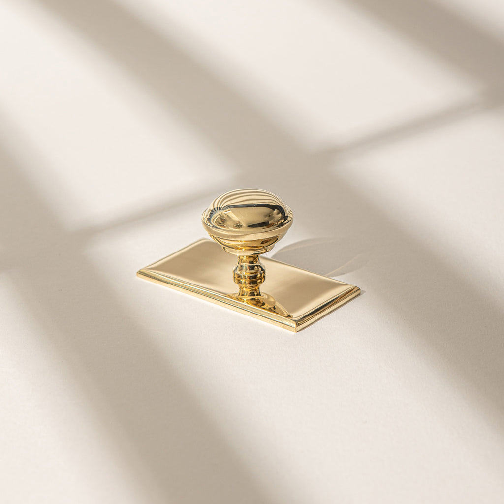 Queslett knob on backplate - polished brass un-lacquered