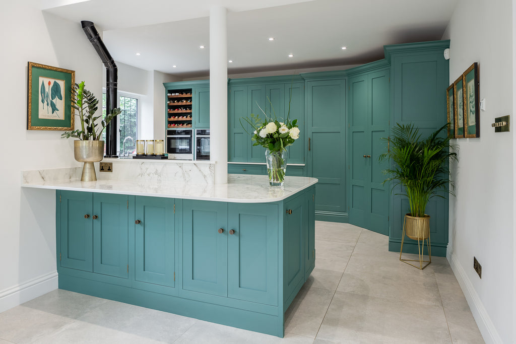 Turquoise Kitchen with Marble Island