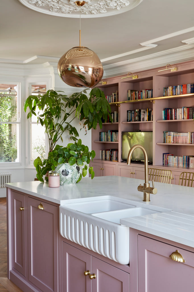 Pink Kitchen Island with Marble Worktop and Brass Handles