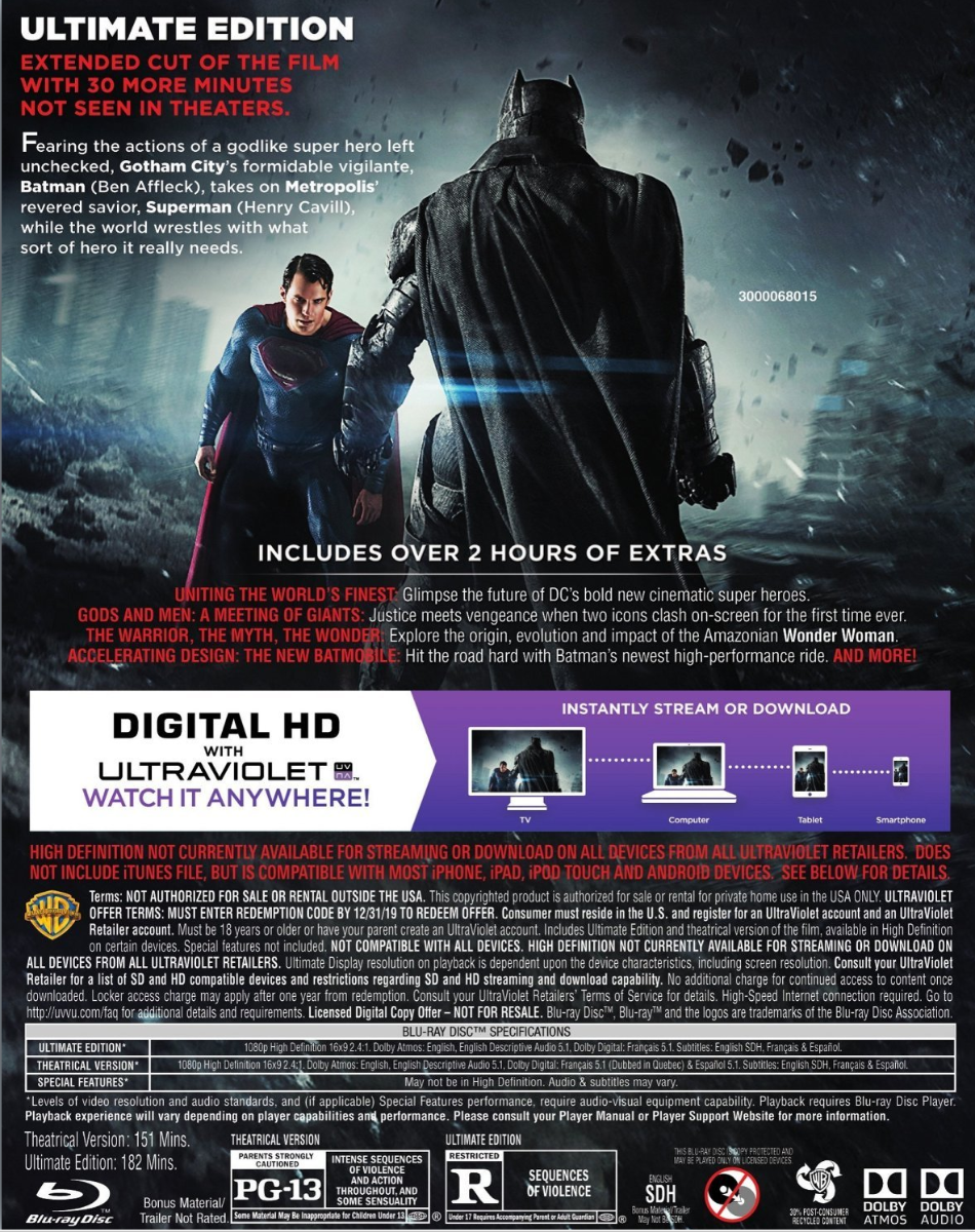 Batman vs Superman: Dawn of Justice (Ultimate Edition Blu-ray + DVD + –  