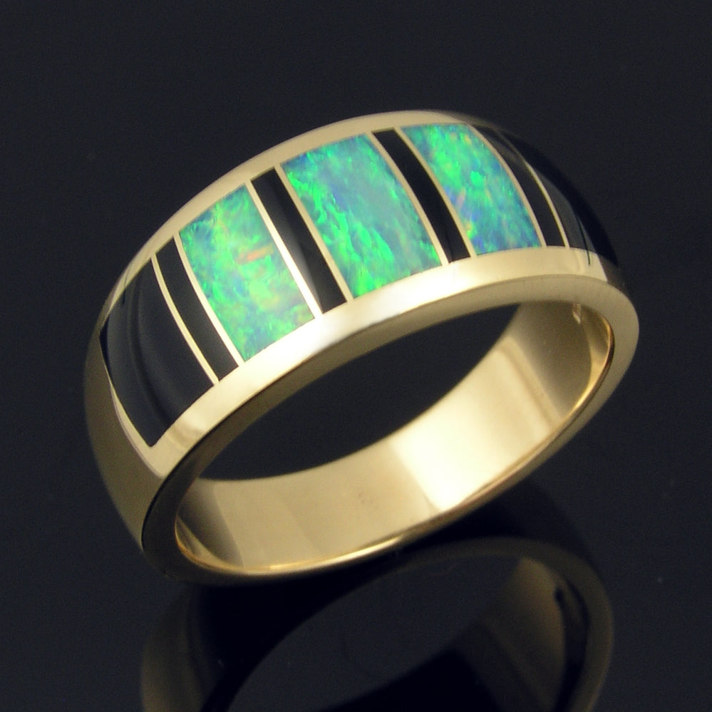 Australian Opal Wedding Ring Set with Black Onyx The