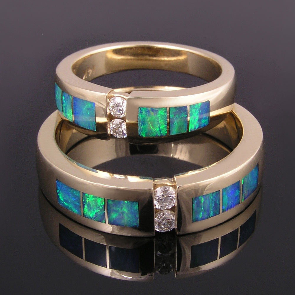 Australian Opal Wedding Ring Set with Diamonds in 14k Gold