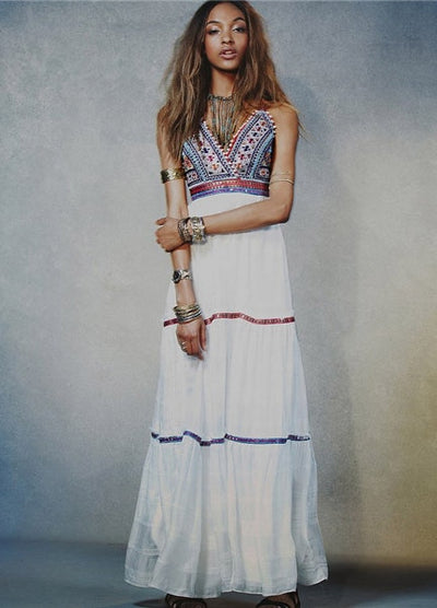 Summer Women Embroidery Hippie Boho Party White Beach Dress Long Maxi Dress