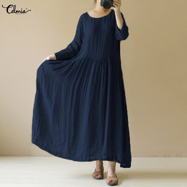 Celmia Oversized 2019 Women Linen Vintage Dress Pleated Casual Loose B ...