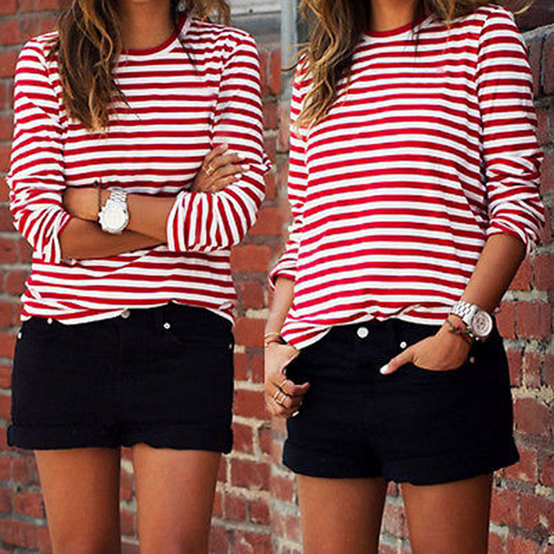 Hirigin Casual Women Red White Striped Long Sleeve T Shirt Cotton