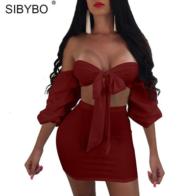 Sibybo Bow Tie Strapless Sexy Two Piece Set Dress Women V-Neck Sheath Empire Mini Women Bodycon Dress Backless Nightclub Dress