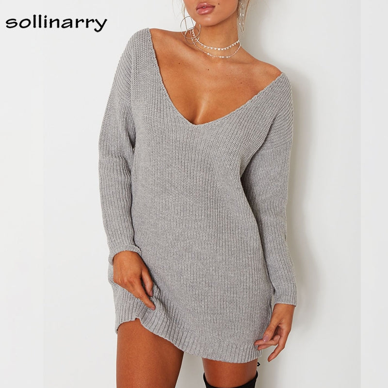 v neck long sleeve sweater dress