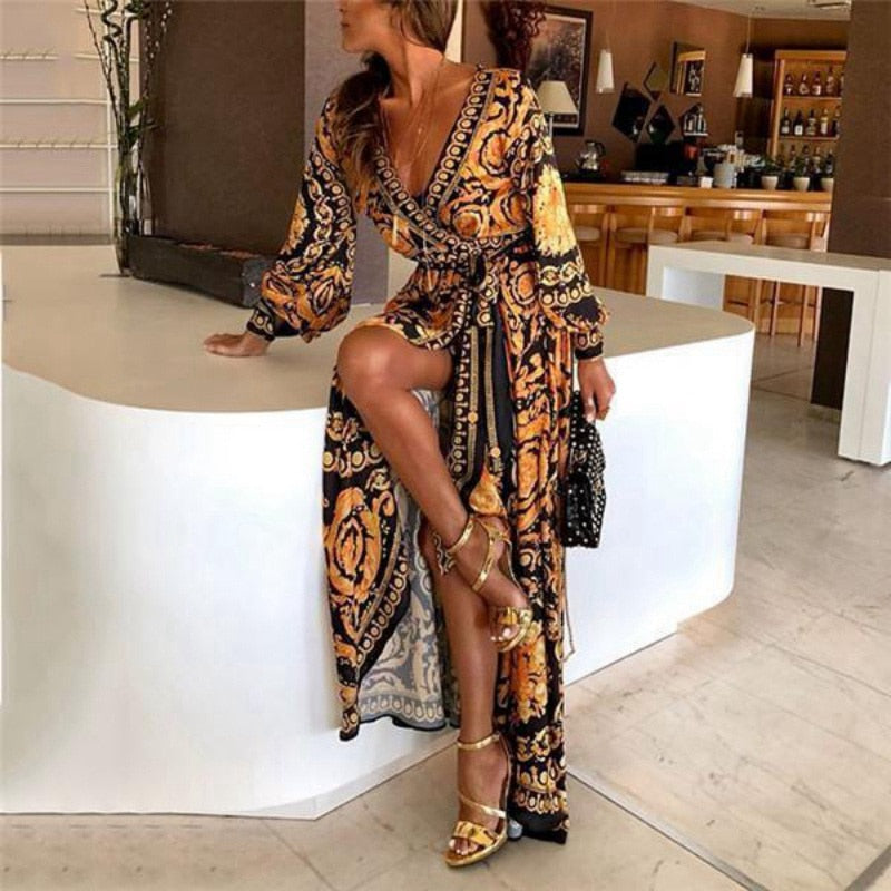 v neck long sleeve printed split casual dress