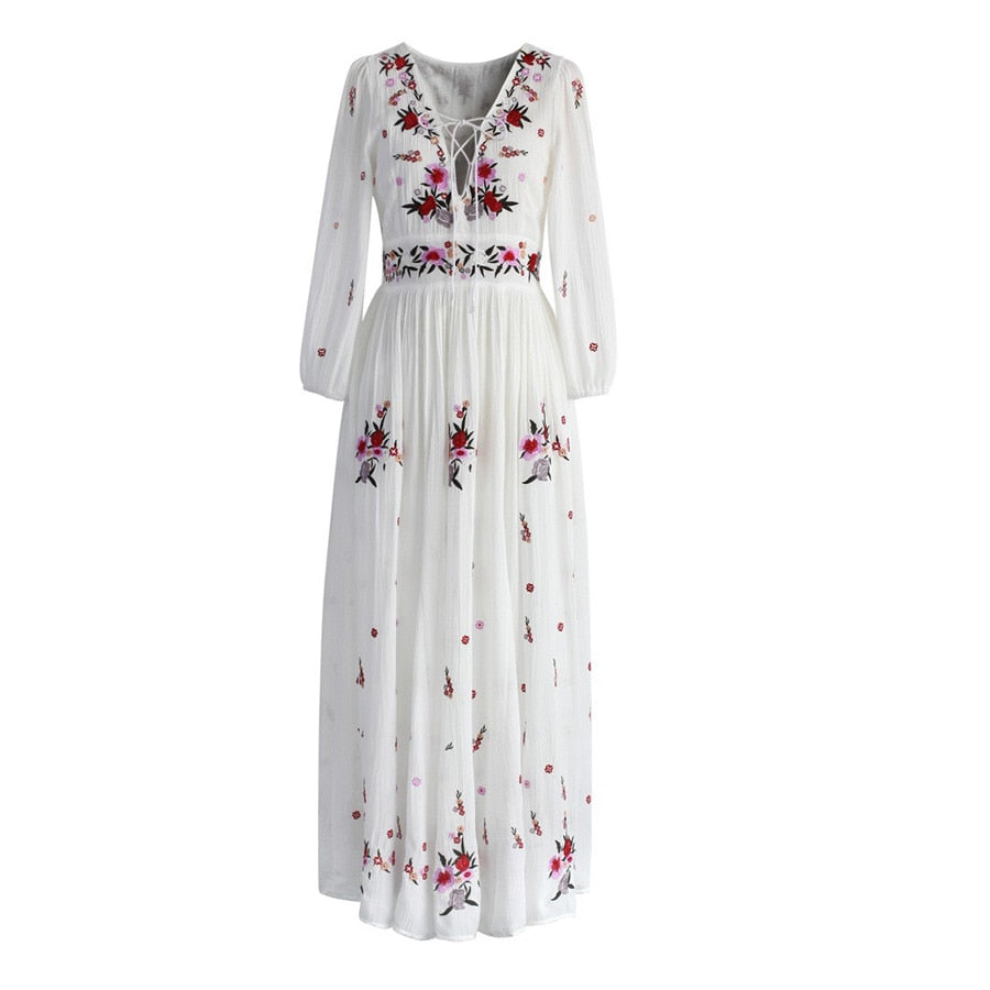 white cotton boho maxi dress