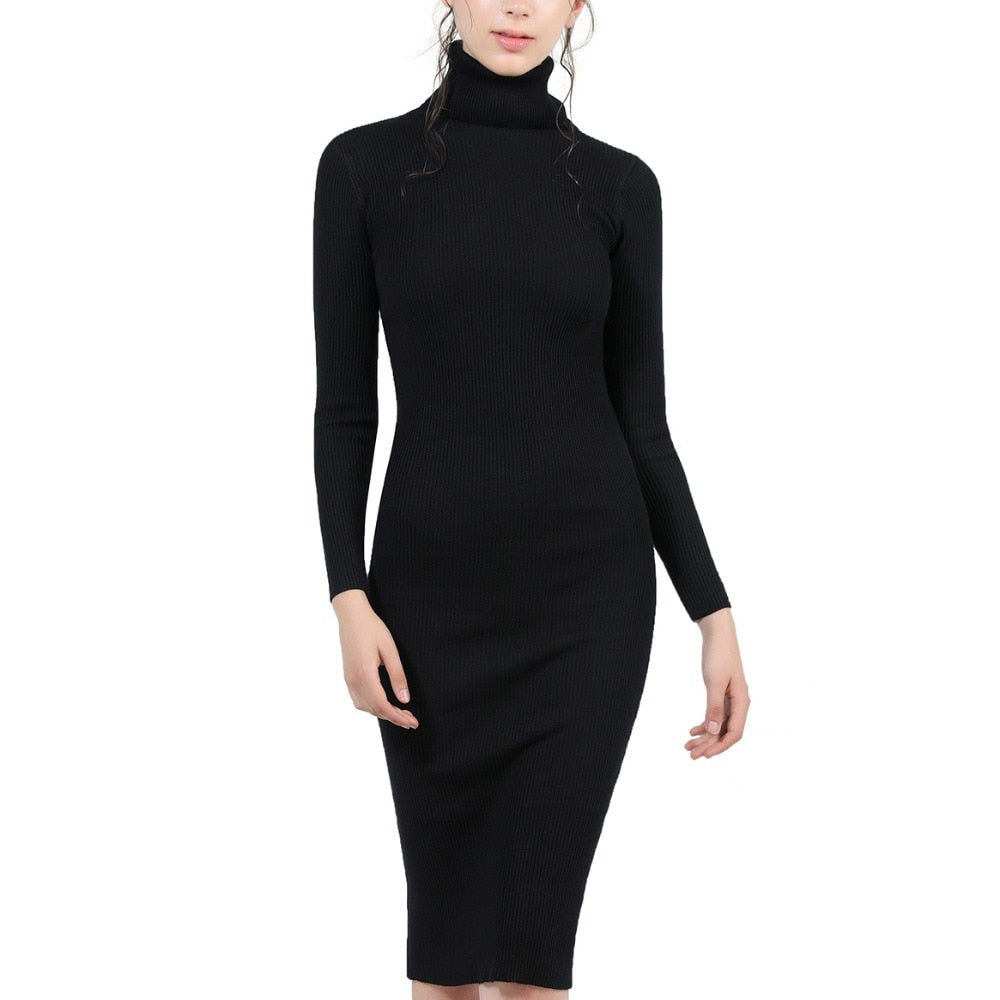 black knit turtleneck dress