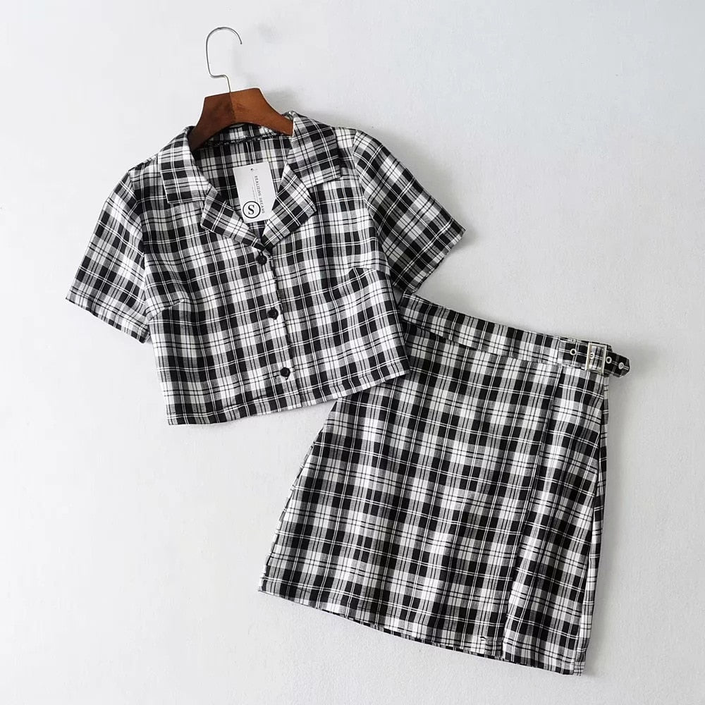 black and white plaid skirt set