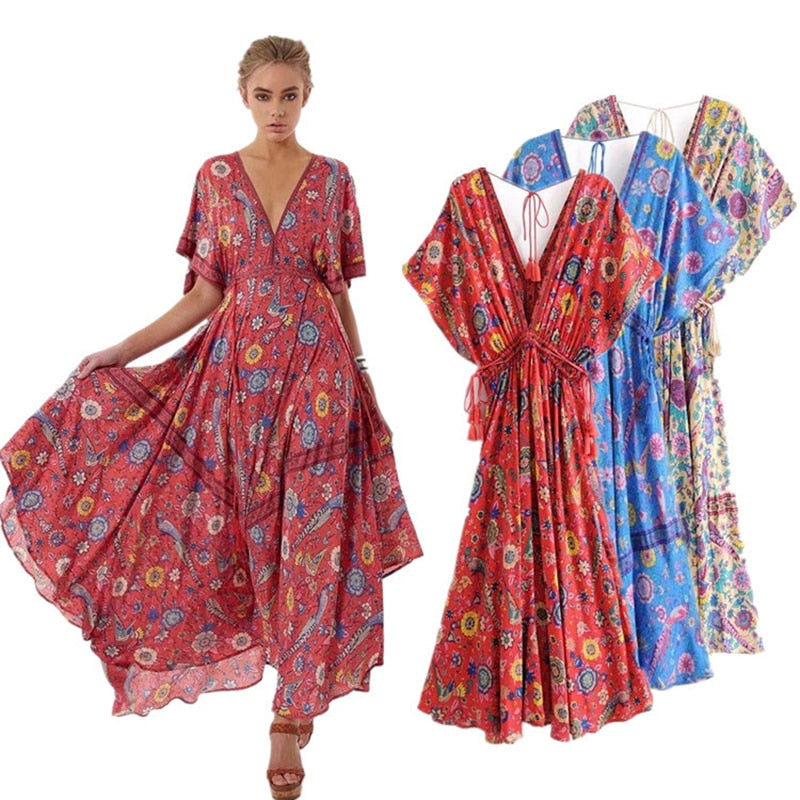 Viven Leigh Boho Floral Print Long Dress Retro Bohemian