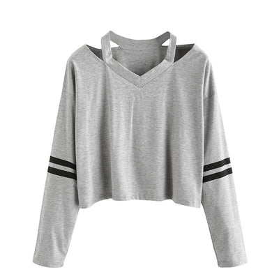 gray Printing Short Sweatshirt for women Fashion Womens Long Sleeve Sweatshirt V Neck Causal harajuku Tops Freeshipping