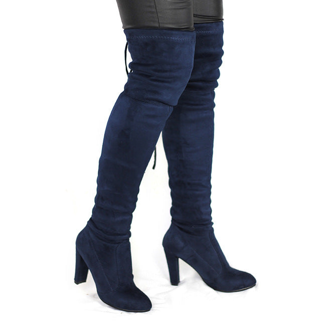 dark blue thigh high boots