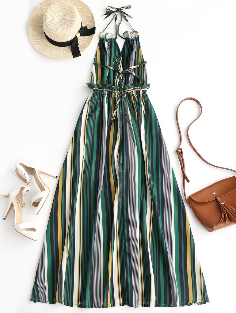 Vacation Striped Ruffled Backless Halter Maxi Dress Lailah S Loft