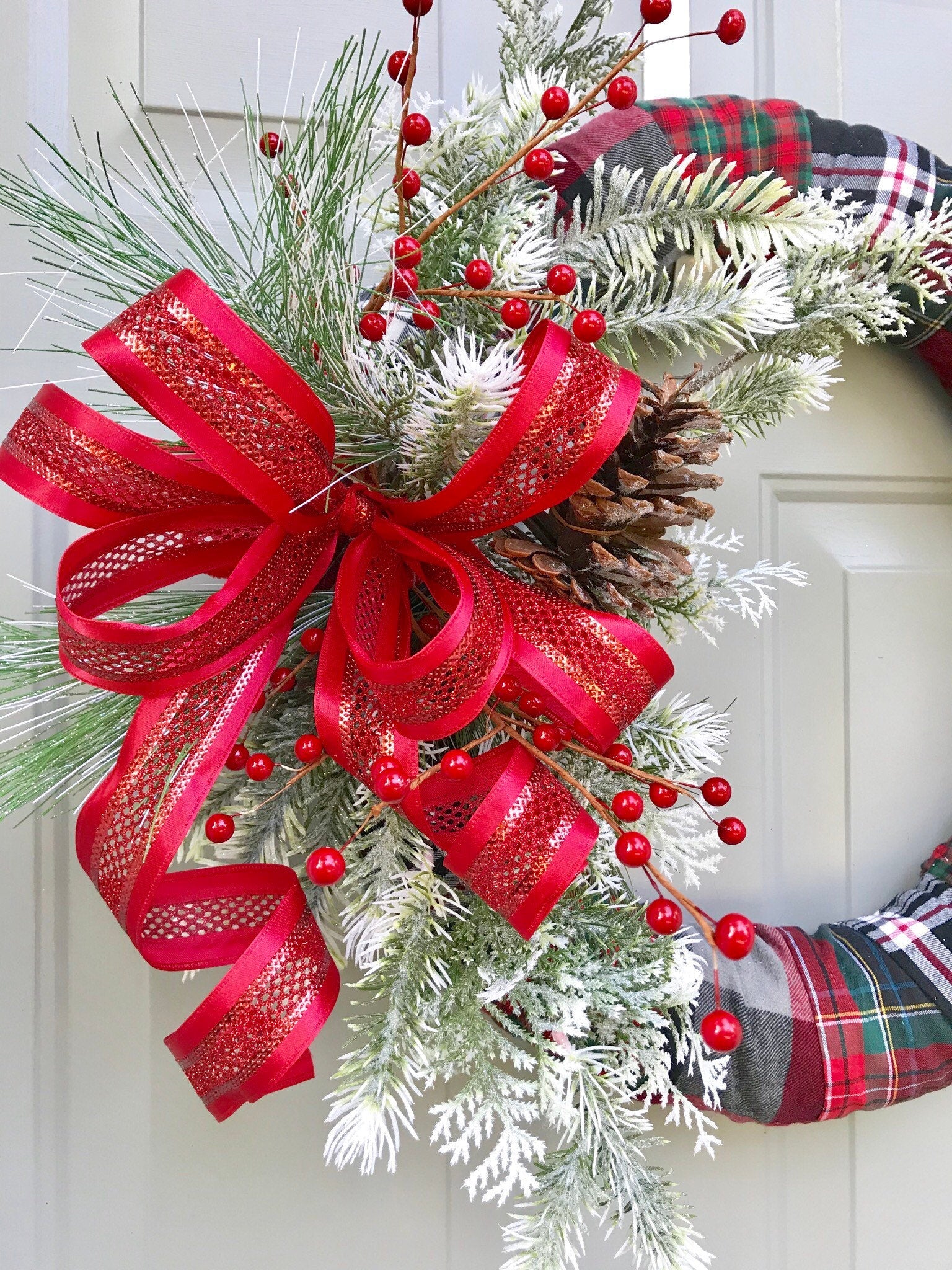 Christmas Wreath, Flannel Christmas Decor, Holly Berries, Evergreen Wr ...