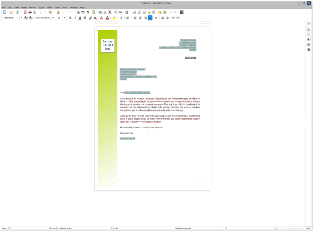 LibreOffice Writer with a template for a letter being edited